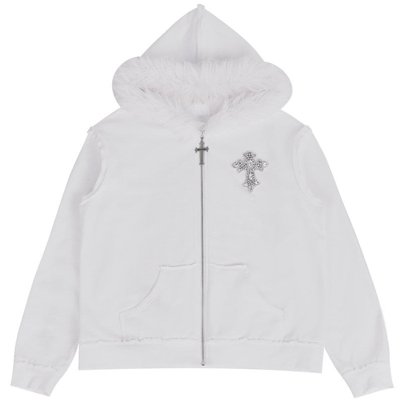 YUBABY_Black_Fur_Trim_Hand_Sewn_Crystal_Cross_Zipped_Women's_Cotton_Blend_Hoodies_852248988137_MISSTT