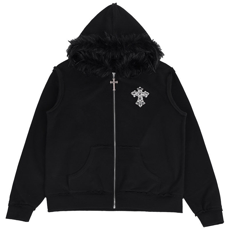 YUBABY_Black_Fur_Trim_Hand_Sewn_Crystal_Cross_Zipped_Women's_Cotton_Blend_Hoodies_852248988137_MISSTT
