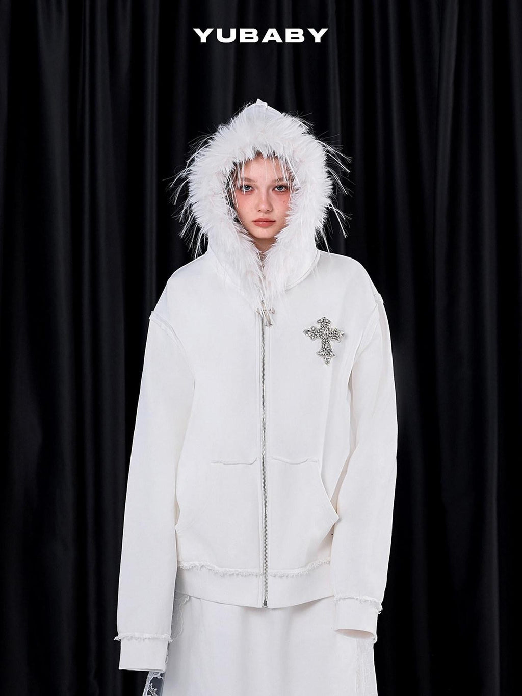 YUBABY Black Fur Trim Hand Sewn Crystal Cross Zipped Women's Cotton Blend Hoodies