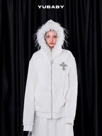 YUBABY Black Fur Trim Hand Sewn Crystal Cross Zipped Women's Cotton Blend Hoodies