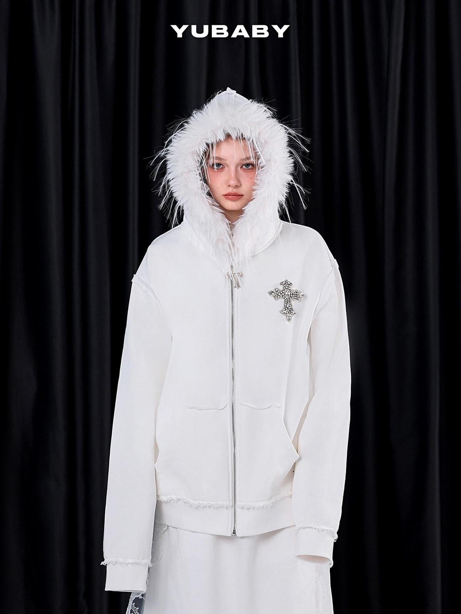YUBABY Black Fur Trim Hand Sewn Crystal Cross Zipped Women's Cotton Blend Hoodies
