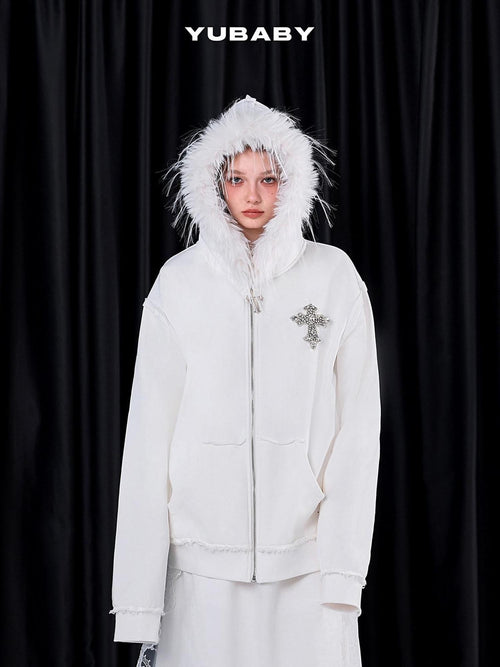 YUBABY Black Fur Trim Hand Sewn Crystal Cross Zipped Women's Cotton Blend Hoodies