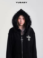 YUBABY Black Fur Trim Hand Sewn Crystal Cross Zipped Women's Cotton Blend Hoodies