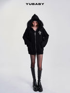 YUBABY Black Fur Trim Hand Sewn Crystal Cross Zipped Women's Cotton Blend Hoodies