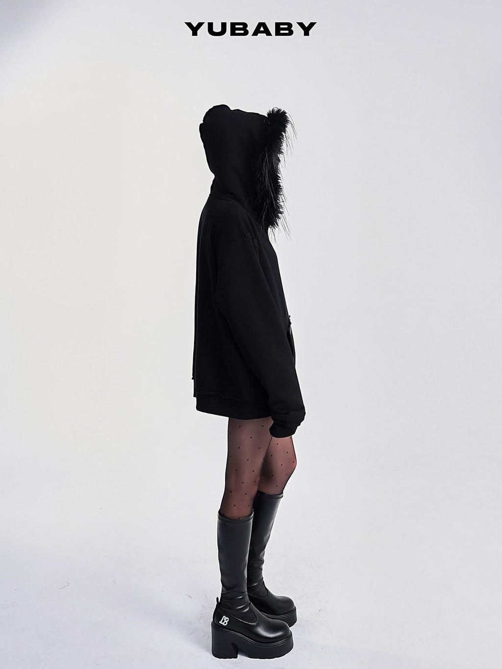 YUBABY Black Fur Trim Hand Sewn Crystal Cross Zipped Women's Cotton Blend Hoodies