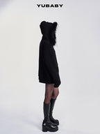 YUBABY Black Fur Trim Hand Sewn Crystal Cross Zipped Women's Cotton Blend Hoodies