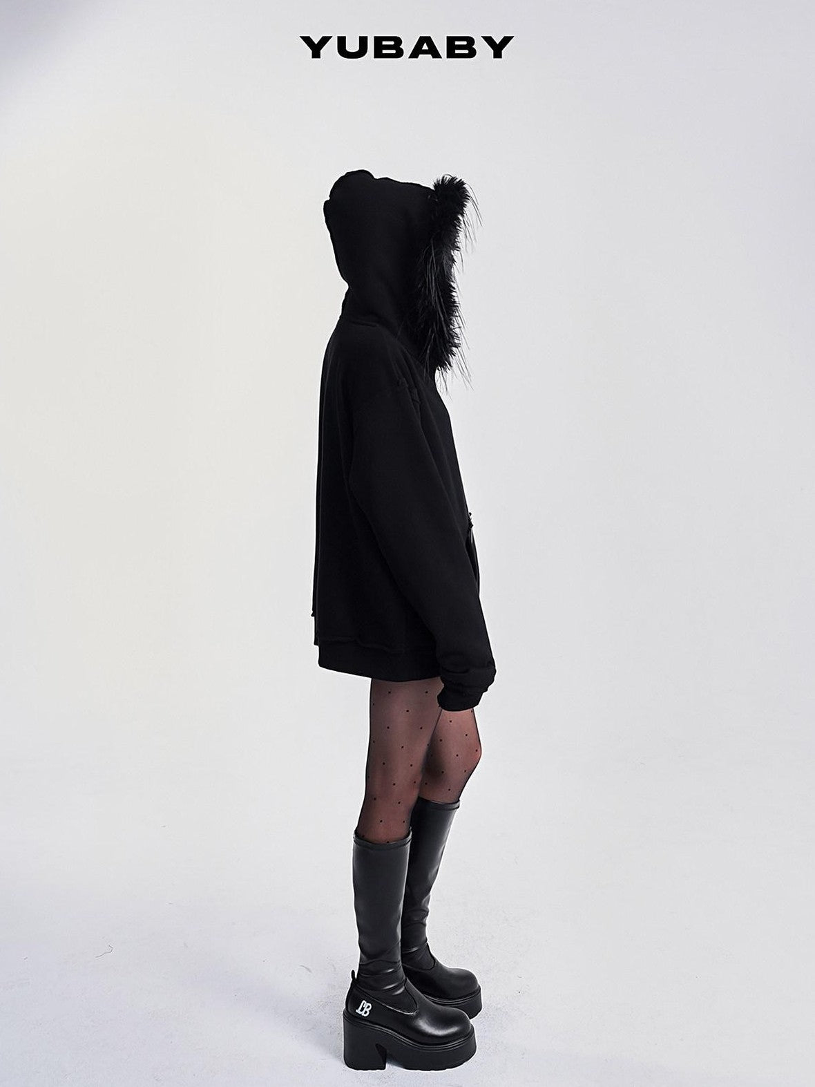 YUBABY Black Fur Trim Hand Sewn Crystal Cross Zipped Women's Cotton Blend Hoodies