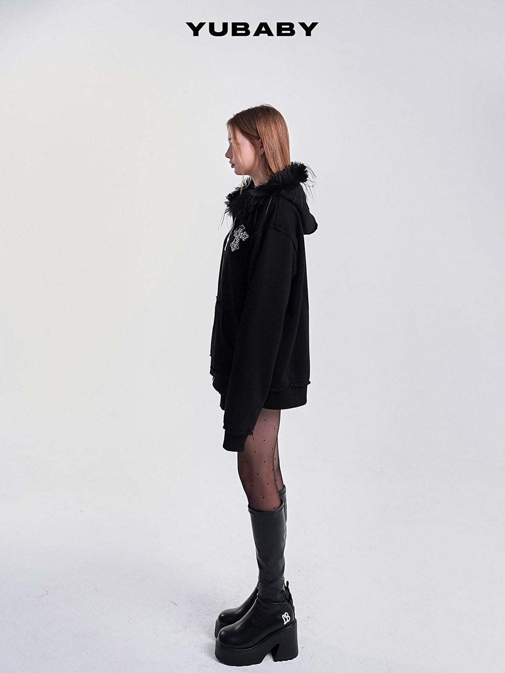 YUBABY Black Fur Trim Hand Sewn Crystal Cross Zipped Women's Cotton Blend Hoodies