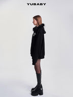 YUBABY Black Fur Trim Hand Sewn Crystal Cross Zipped Women's Cotton Blend Hoodies