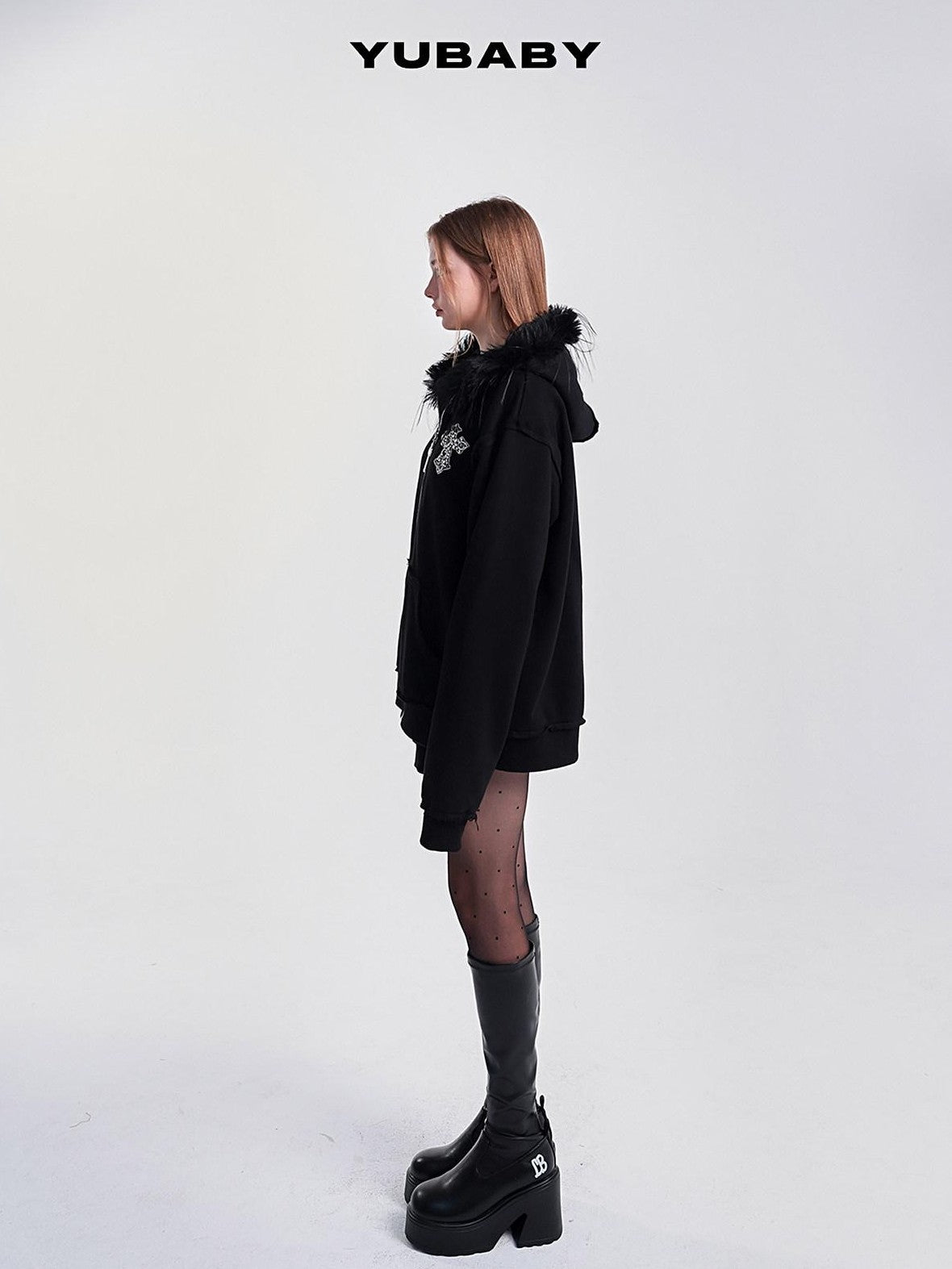 YUBABY Black Fur Trim Hand Sewn Crystal Cross Zipped Women's Cotton Blend Hoodies