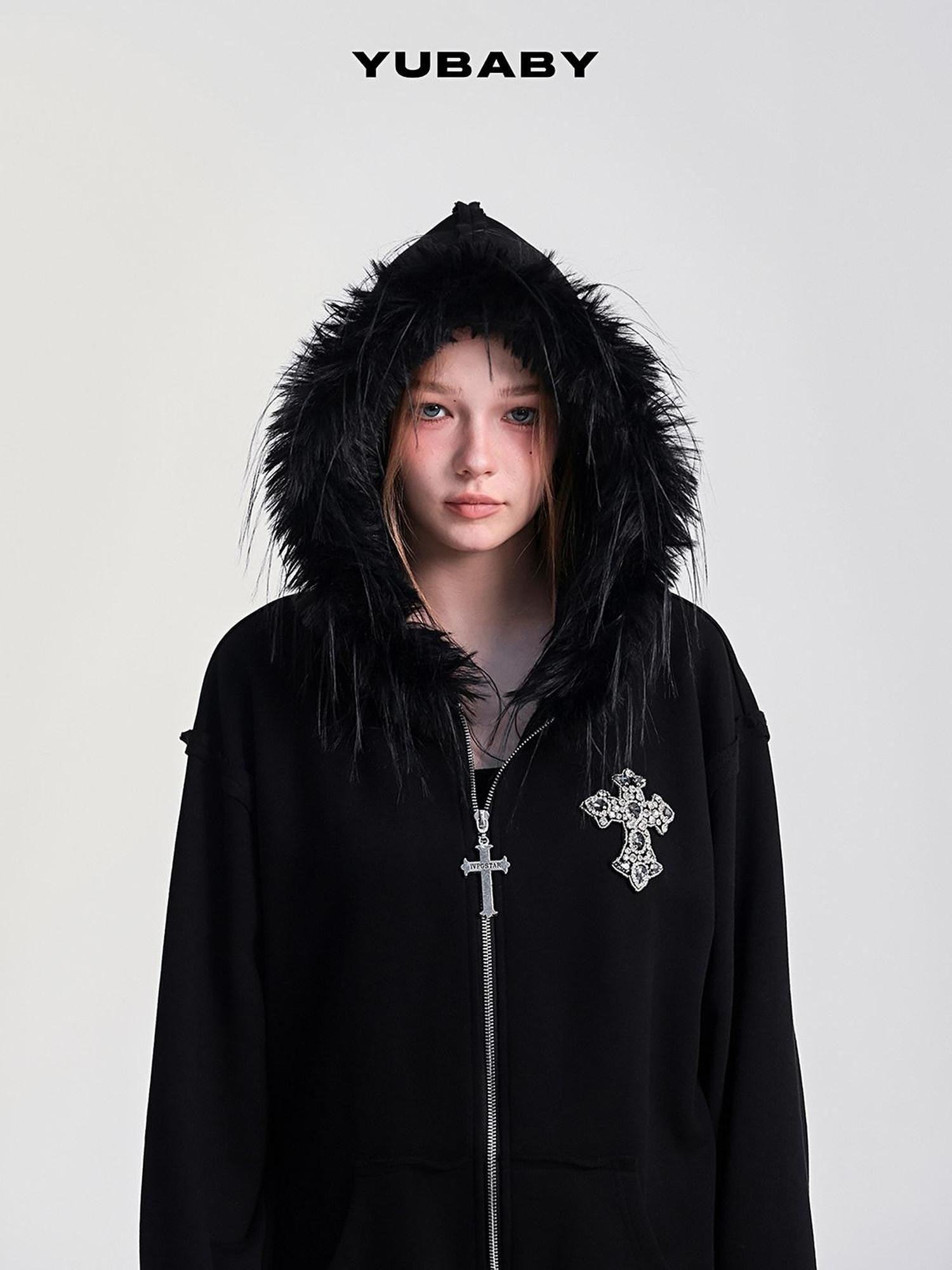 YUBABY Black Fur Trim Hand Sewn Crystal Cross Zipped Women's Cotton Blend Hoodies