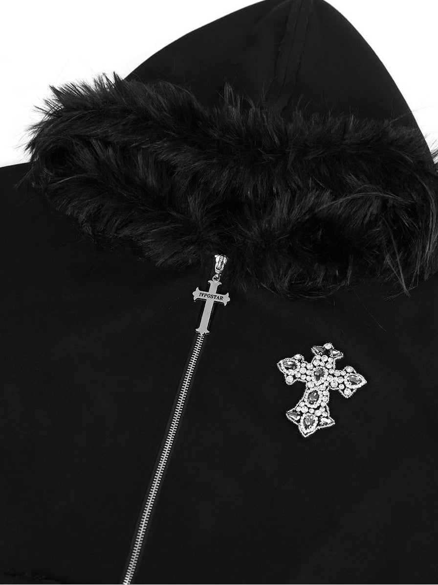 YUBABY Black Fur Trim Hand Sewn Crystal Cross Zipped Women's Cotton Blend Hoodies
