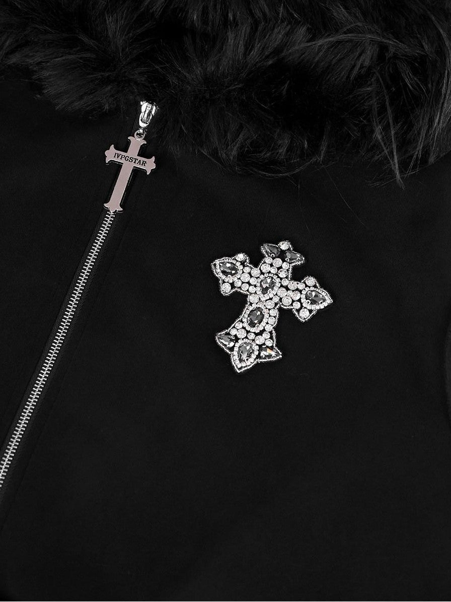 YUBABY Black Fur Trim Hand Sewn Crystal Cross Zipped Women's Cotton Blend Hoodies