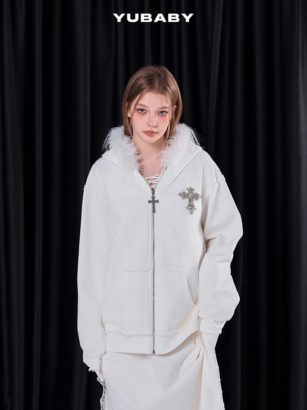 YUBABY Black Fur Trim Hand Sewn Crystal Cross Zipped Women's Cotton Blend Hoodies
