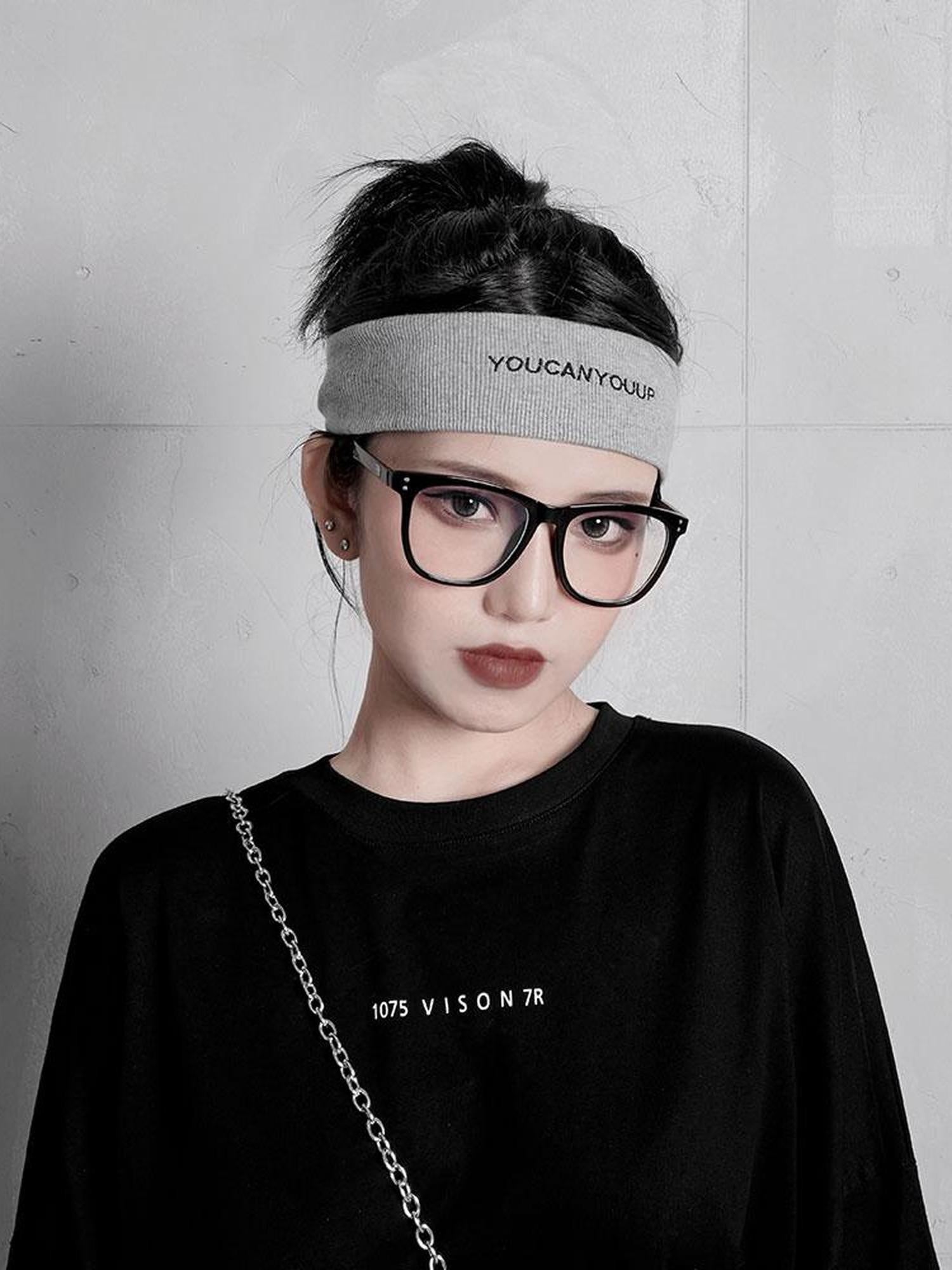 YUBABY Black Gray Embroidered Reflective Knitted Reversible Wide Women's Headdresses