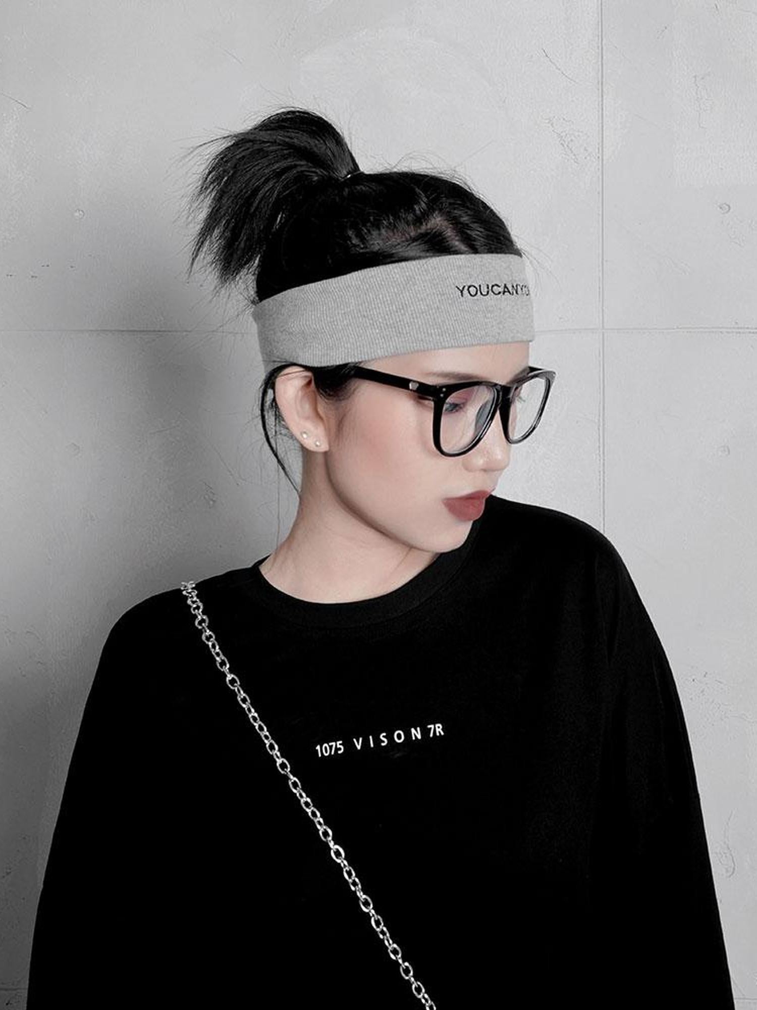 YUBABY Black Gray Embroidered Reflective Knitted Reversible Wide Women's Headdresses
