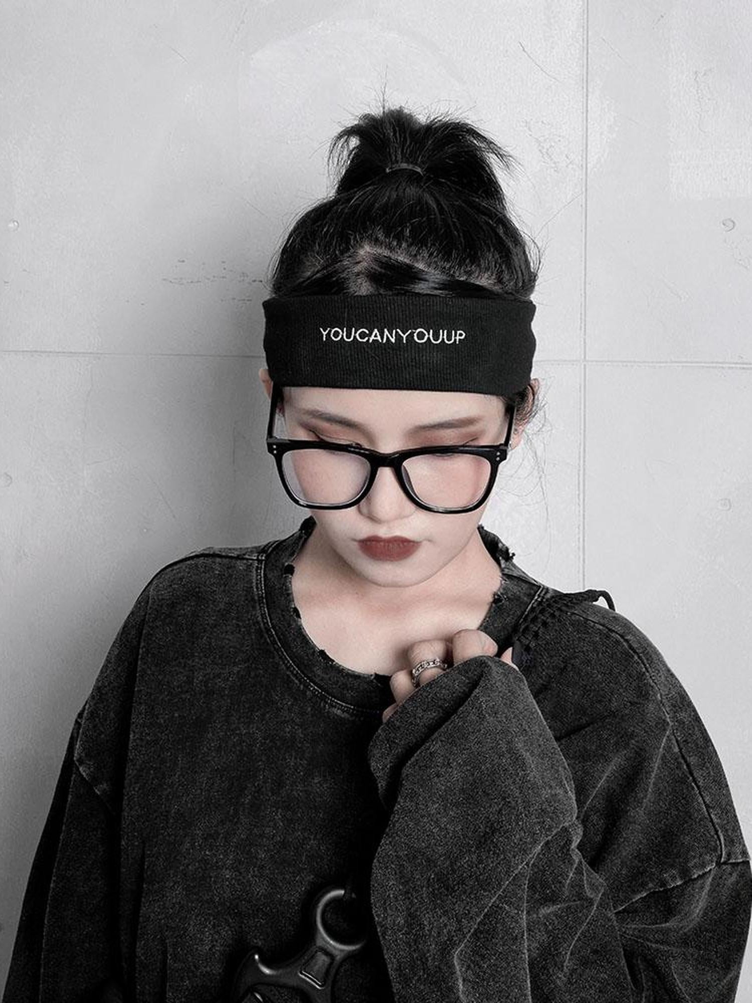 YUBABY Black Gray Embroidered Reflective Knitted Reversible Wide Women's Headdresses