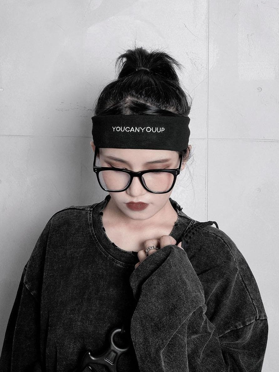 YUBABY Black Gray Embroidered Reflective Knitted Reversible Wide Women's Headdresses