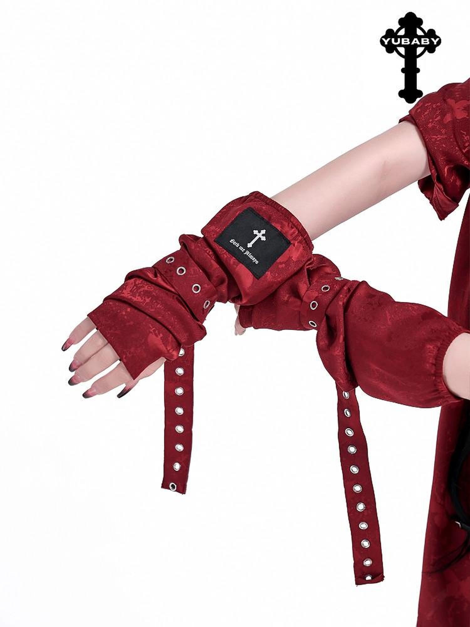 YUBABY Black Jacquard Punk Uv Mid Length Fingerless Women's Polyester Gloves & Mittens