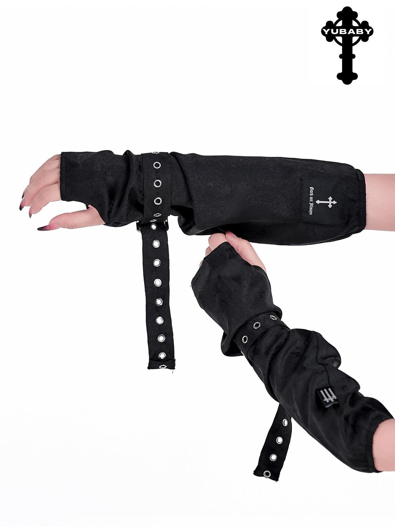 YUBABY Black Jacquard Punk Uv Mid Length Fingerless Women's Polyester Gloves & Mittens