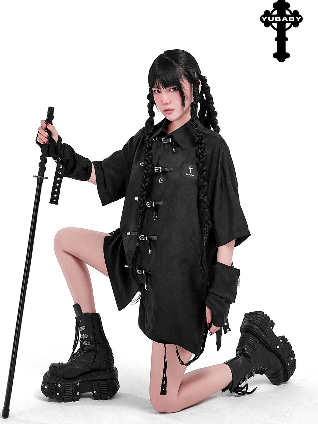 YUBABY Black Jacquard Punk Uv Mid Length Fingerless Women's Polyester Gloves & Mittens