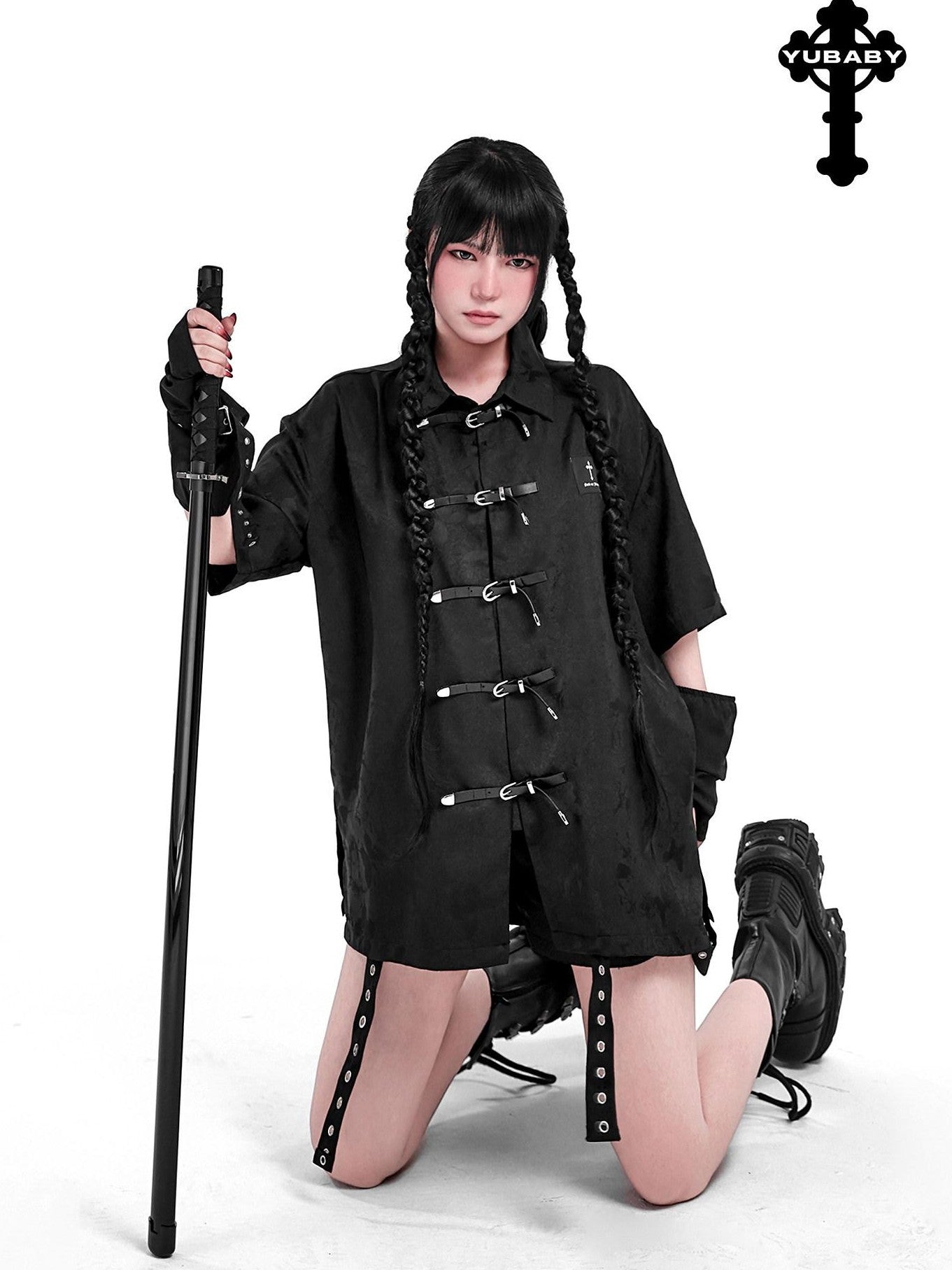 YUBABY Black Jacquard Punk Uv Mid Length Fingerless Women's Polyester Gloves & Mittens