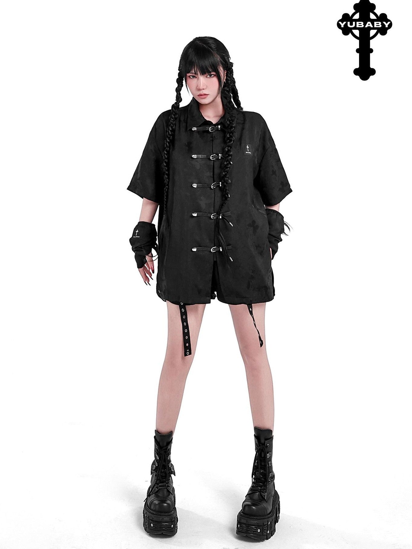 YUBABY Black Jacquard Punk Uv Mid Length Fingerless Women's Polyester Gloves & Mittens