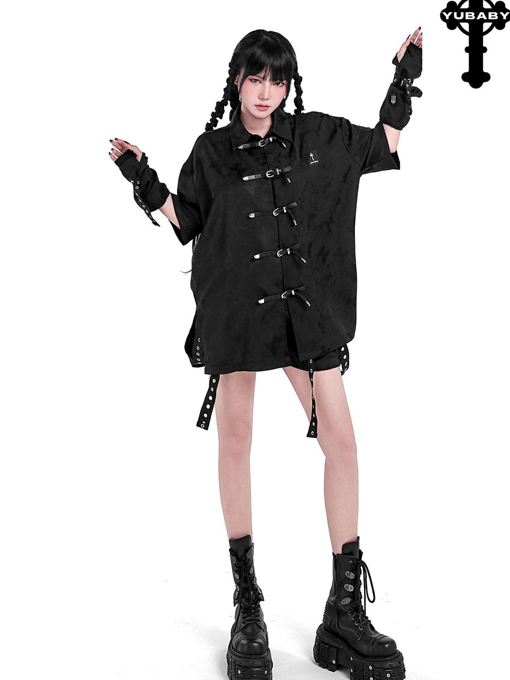 YUBABY Black Jacquard Punk Uv Mid Length Fingerless Women's Polyester Gloves & Mittens