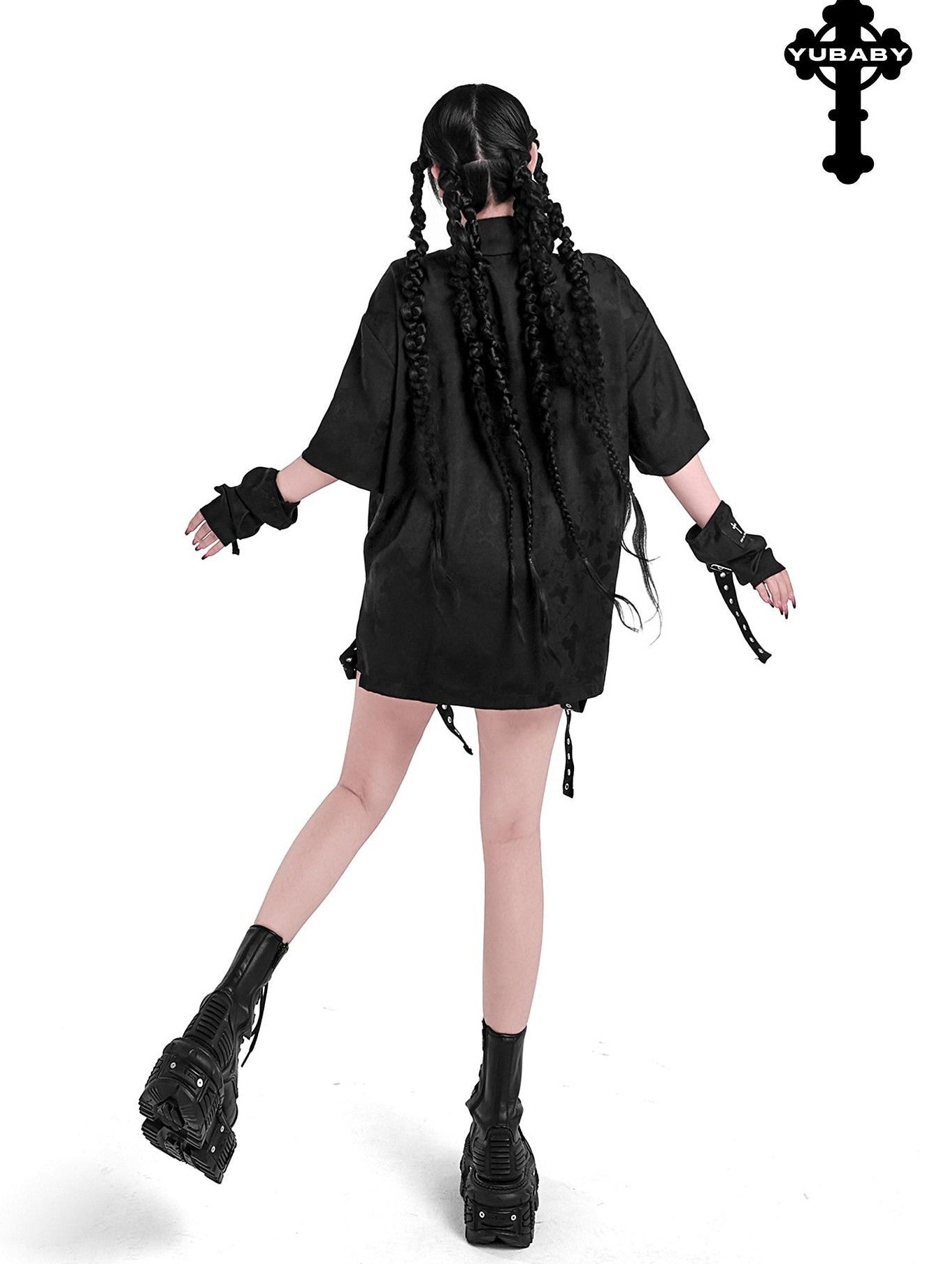 YUBABY Black Jacquard Punk Uv Mid Length Fingerless Women's Polyester Gloves & Mittens