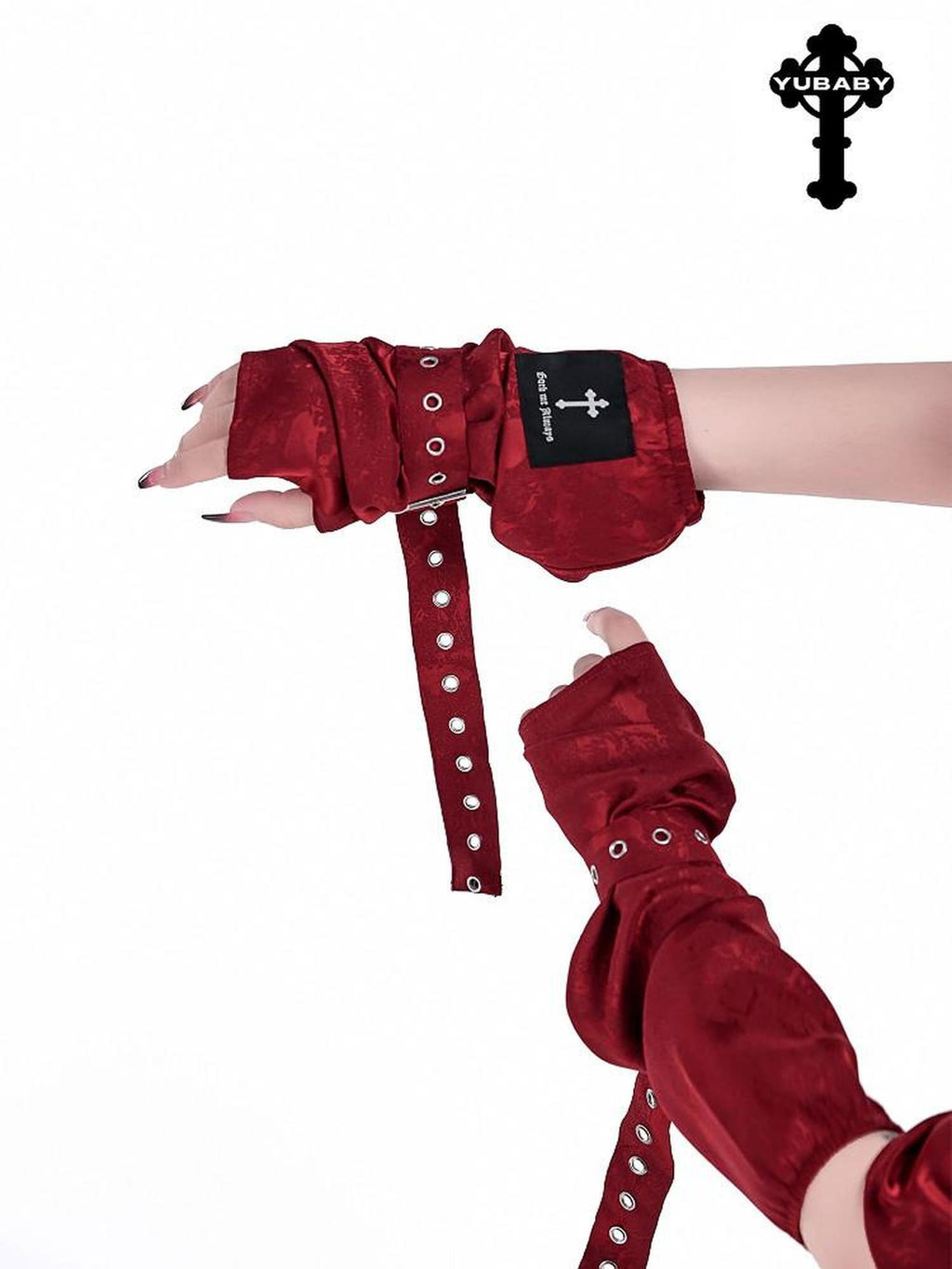 YUBABY Black Jacquard Punk Uv Mid Length Fingerless Women's Polyester Gloves & Mittens