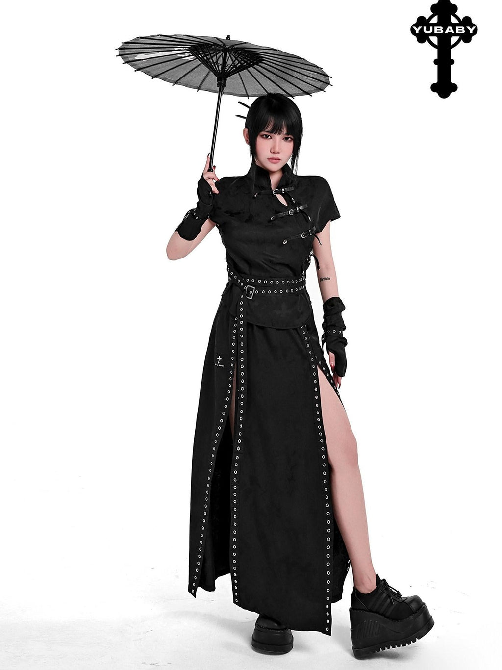 YUBABY Black Jacquard Punk Uv Mid Length Fingerless Women's Polyester Gloves & Mittens