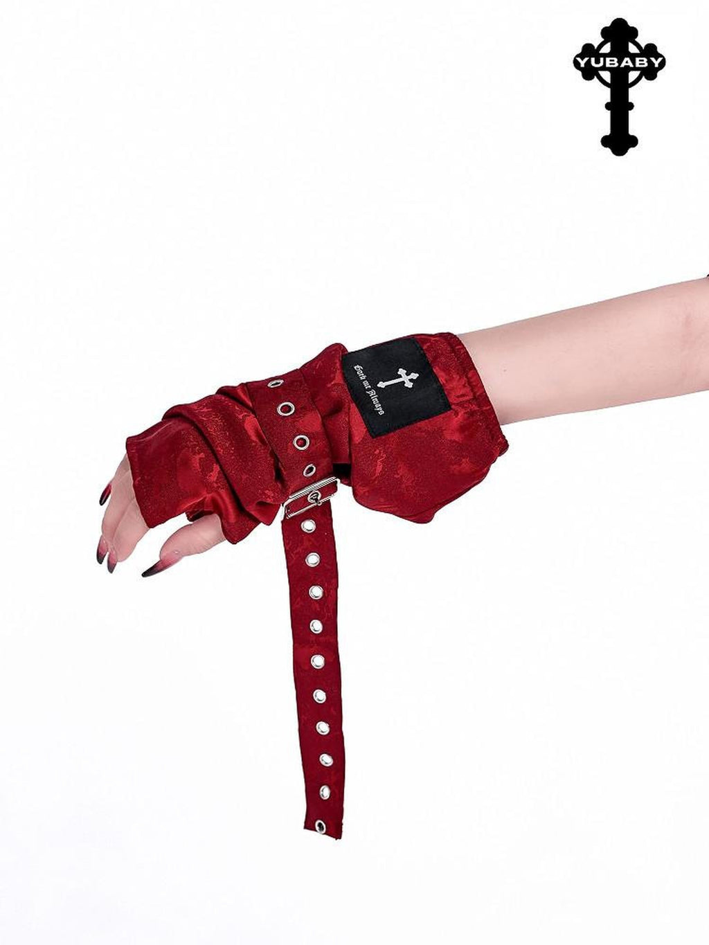 YUBABY Black Jacquard Punk Uv Mid Length Fingerless Women's Polyester Gloves & Mittens