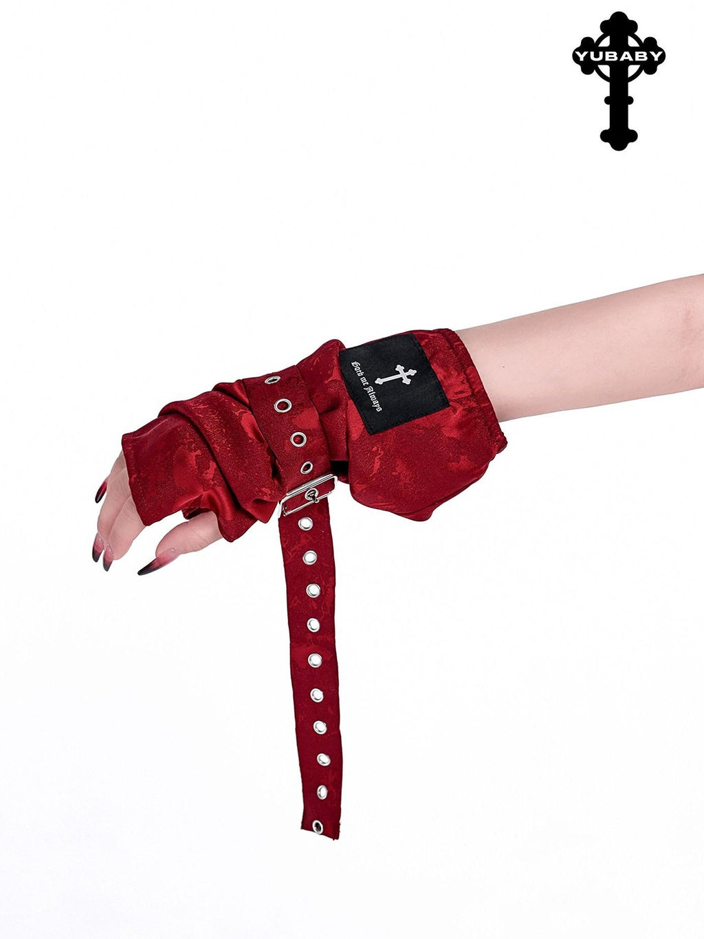 YUBABY Black Jacquard Punk Uv Mid Length Fingerless Women's Polyester Gloves & Mittens