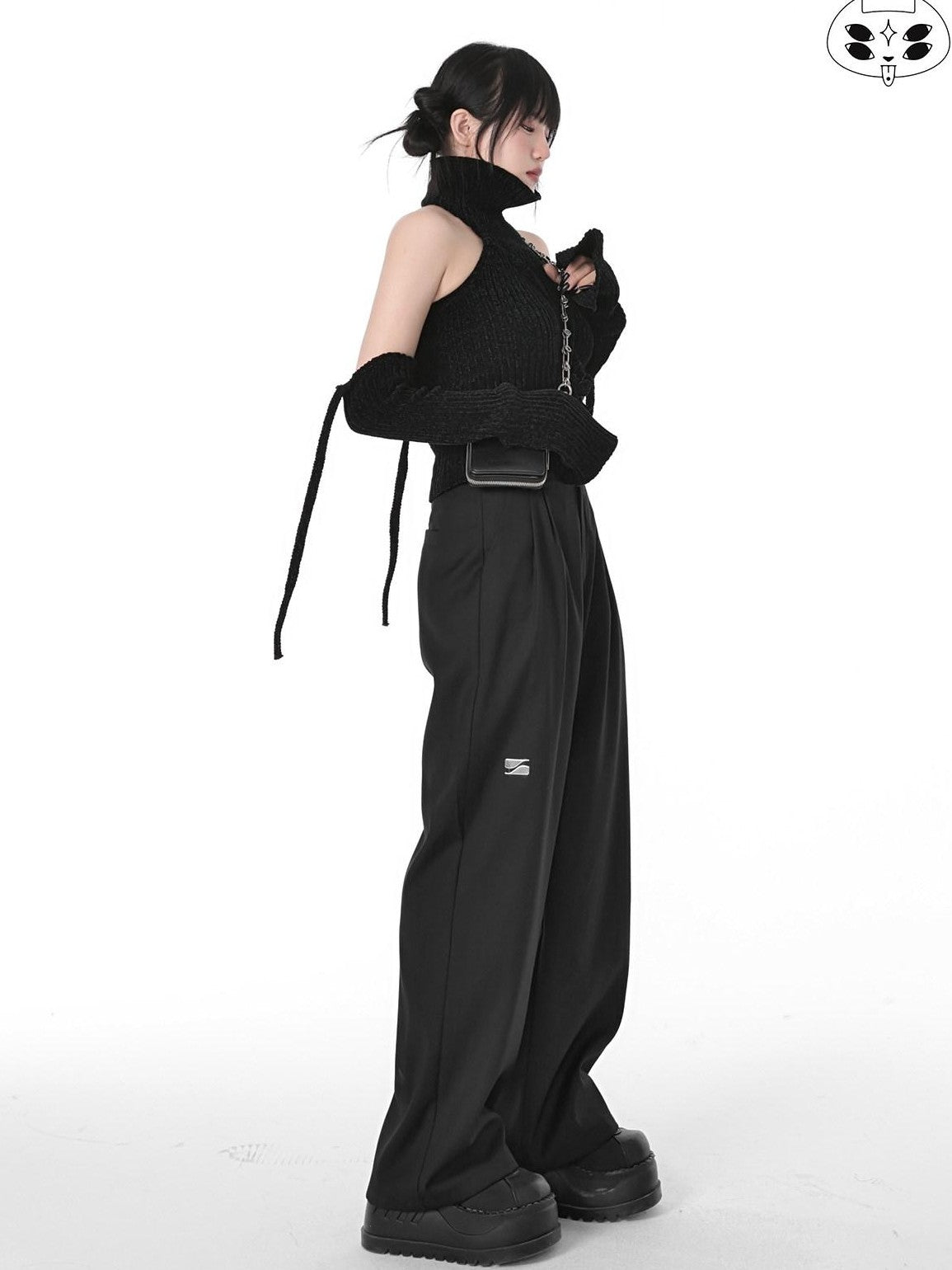YUBABY Black Minimalist Elegant Straight Cut High Waist Women's Cotton Wide-leg Pants