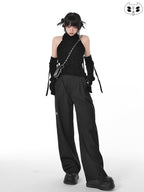 YUBABY Black Minimalist Elegant Straight Cut High Waist Women's Cotton Wide-leg Pants