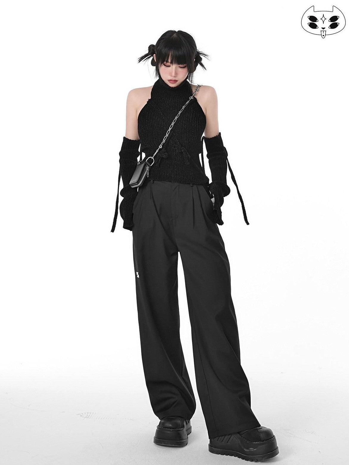 YUBABY Black Minimalist Elegant Straight Cut High Waist Women's Cotton Wide-leg Pants