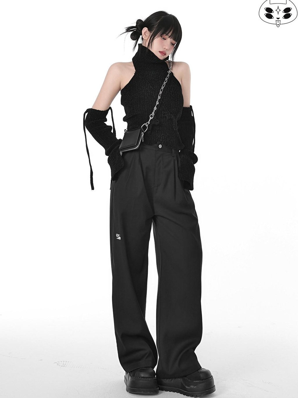 YUBABY Black Minimalist Elegant Straight Cut High Waist Women's Cotton Wide-leg Pants
