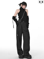 YUBABY Black Minimalist Elegant Straight Cut High Waist Women's Cotton Wide-leg Pants