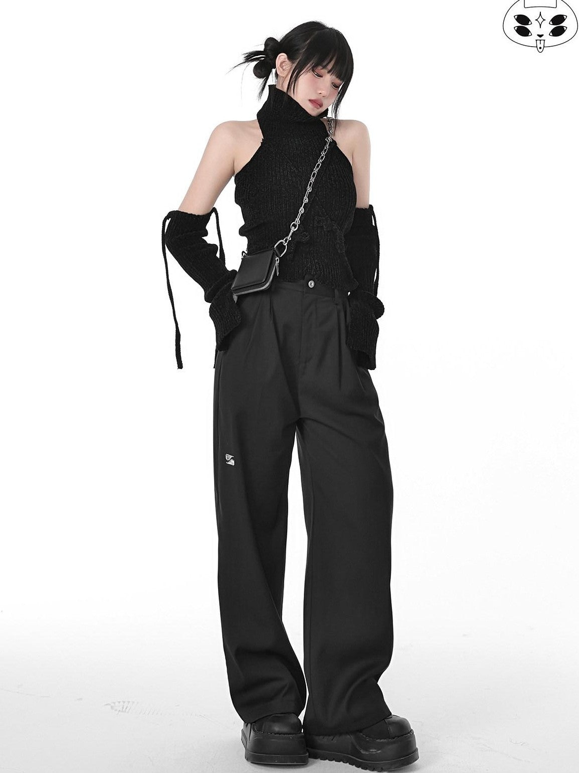 YUBABY Black Minimalist Elegant Straight Cut High Waist Women's Cotton Wide-leg Pants