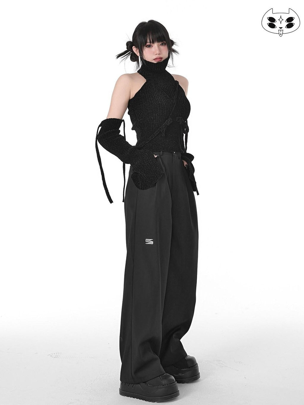YUBABY Black Minimalist Elegant Straight Cut High Waist Women's Cotton Wide-leg Pants