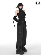 YUBABY Black Minimalist Elegant Straight Cut High Waist Women's Cotton Wide-leg Pants