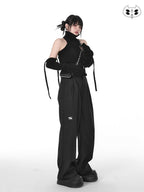 YUBABY Black Minimalist Elegant Straight Cut High Waist Women's Cotton Wide-leg Pants