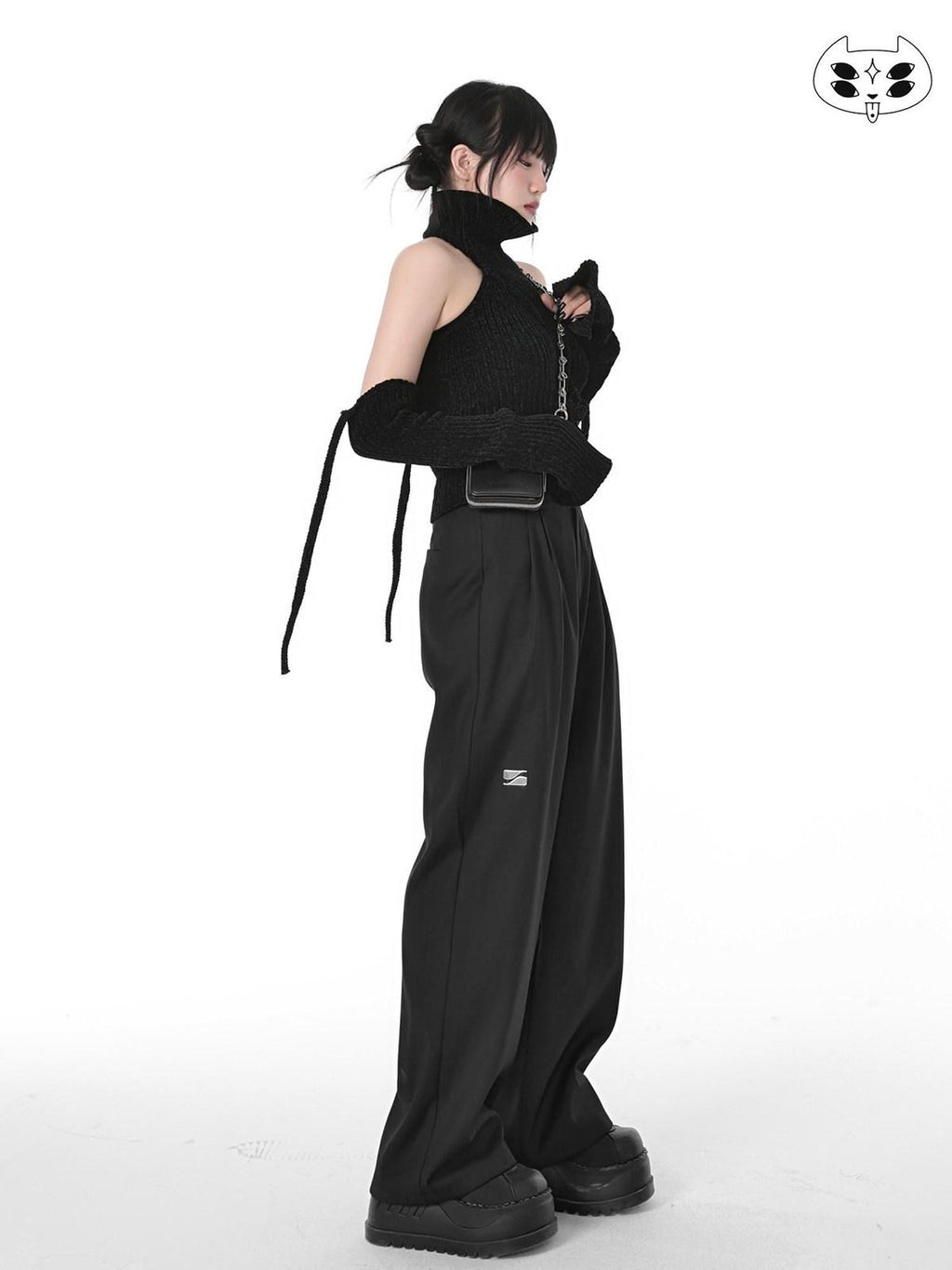 YUBABY Black Minimalist Elegant Straight Cut High Waist Women's Cotton Wide-leg Pants