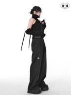 YUBABY Black Minimalist Elegant Straight Cut High Waist Women's Cotton Wide-leg Pants
