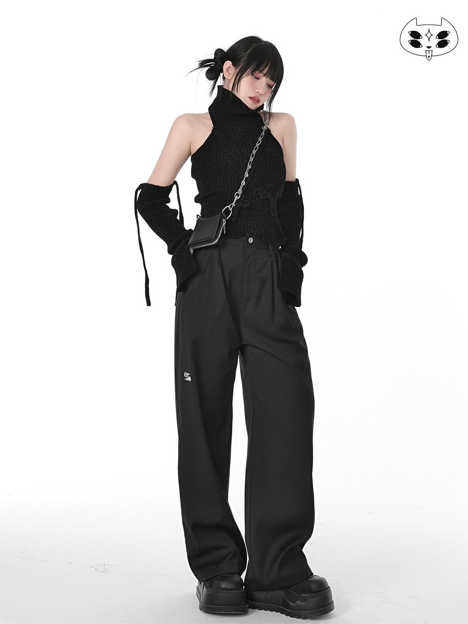 YUBABY Black Minimalist Elegant Straight Cut High Waist Women's Cotton Wide-leg Pants