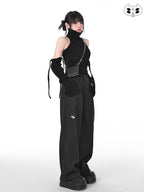 YUBABY Black Minimalist Elegant Straight Cut High Waist Women's Cotton Wide-leg Pants