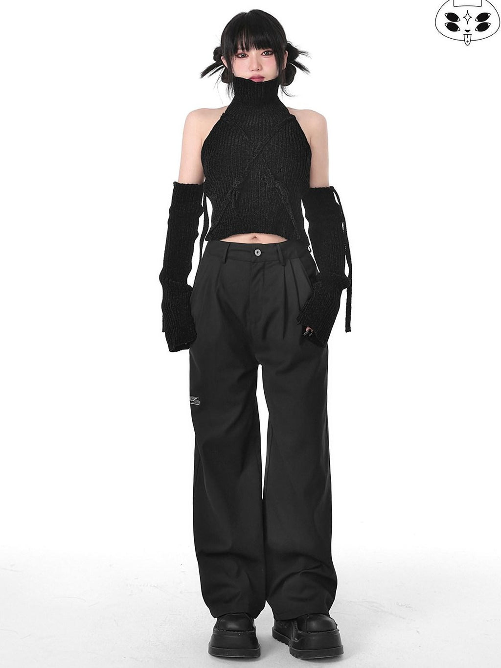 YUBABY Black Minimalist Elegant Straight Cut High Waist Women's Cotton Wide-leg Pants