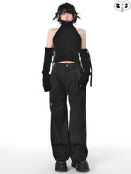 YUBABY Black Minimalist Elegant Straight Cut High Waist Women's Cotton Wide-leg Pants