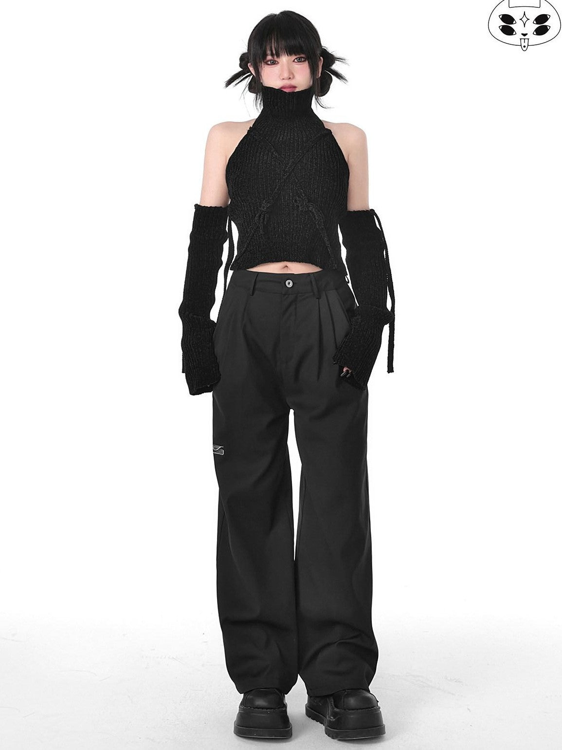 YUBABY Black Minimalist Elegant Straight Cut High Waist Women's Cotton Wide-leg Pants