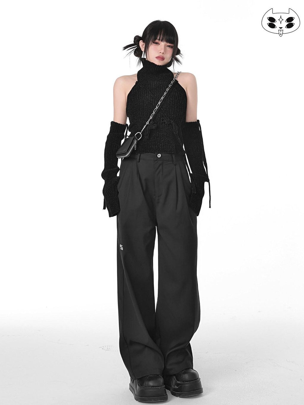 YUBABY Black Minimalist Elegant Straight Cut High Waist Women's Cotton Wide-leg Pants